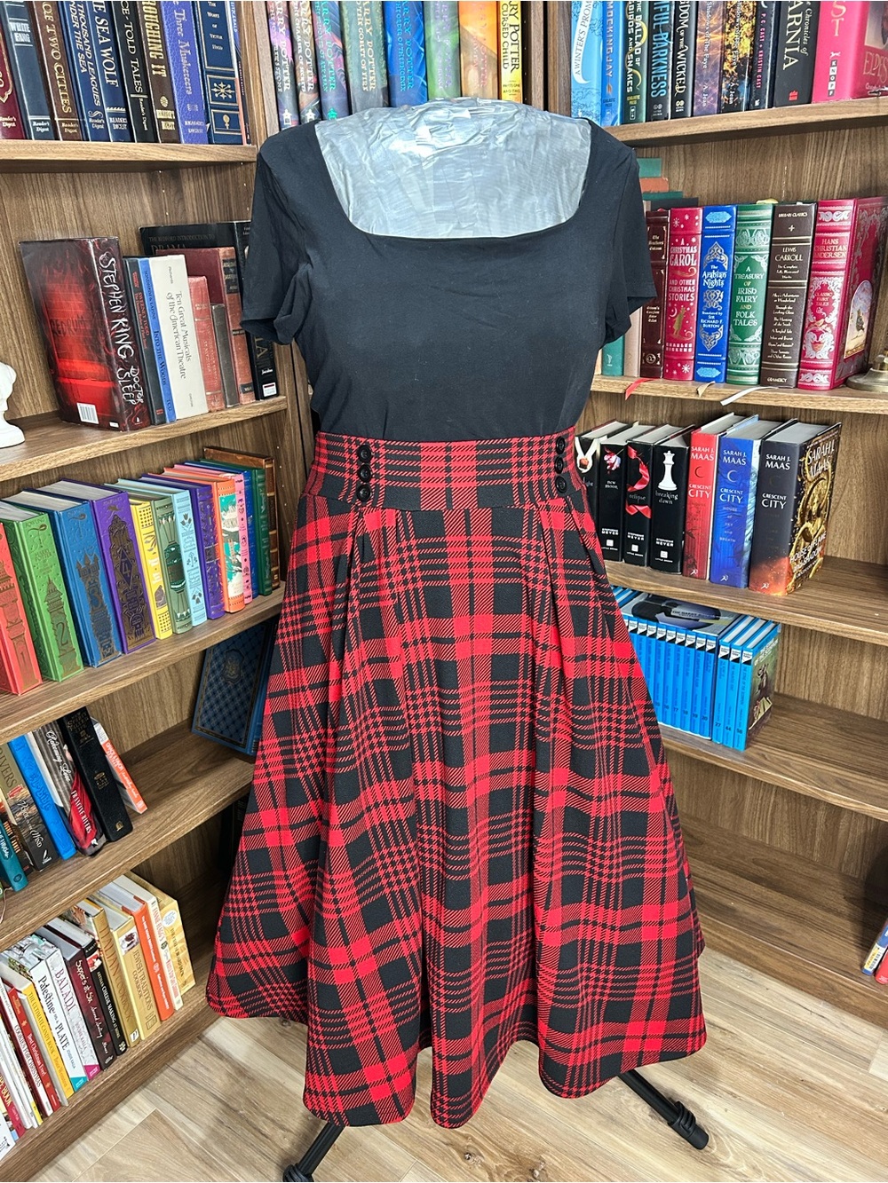 Red and Black Plaid High-Waist Circle Skirt